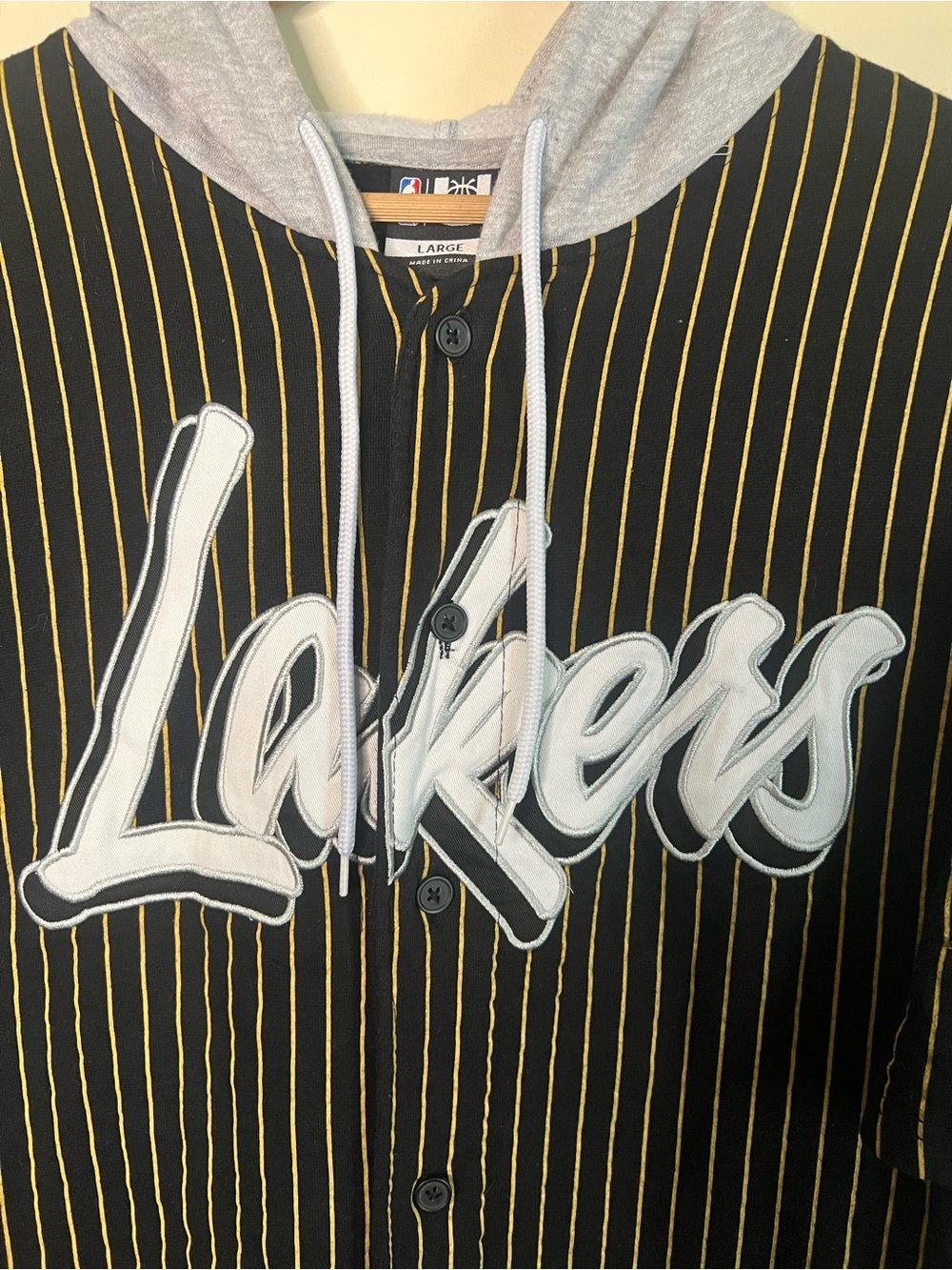 Vintage Y2K UNK Los Angeles Lakers Pinstripe Hooded Baseball Jersey Size L - Picture 3 of 5